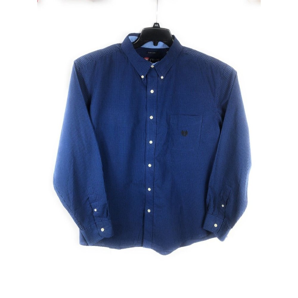 Chaps Men's 2XL Long Sleeve Button Up Blue Check Cotton Blend Adult Shirt A23
